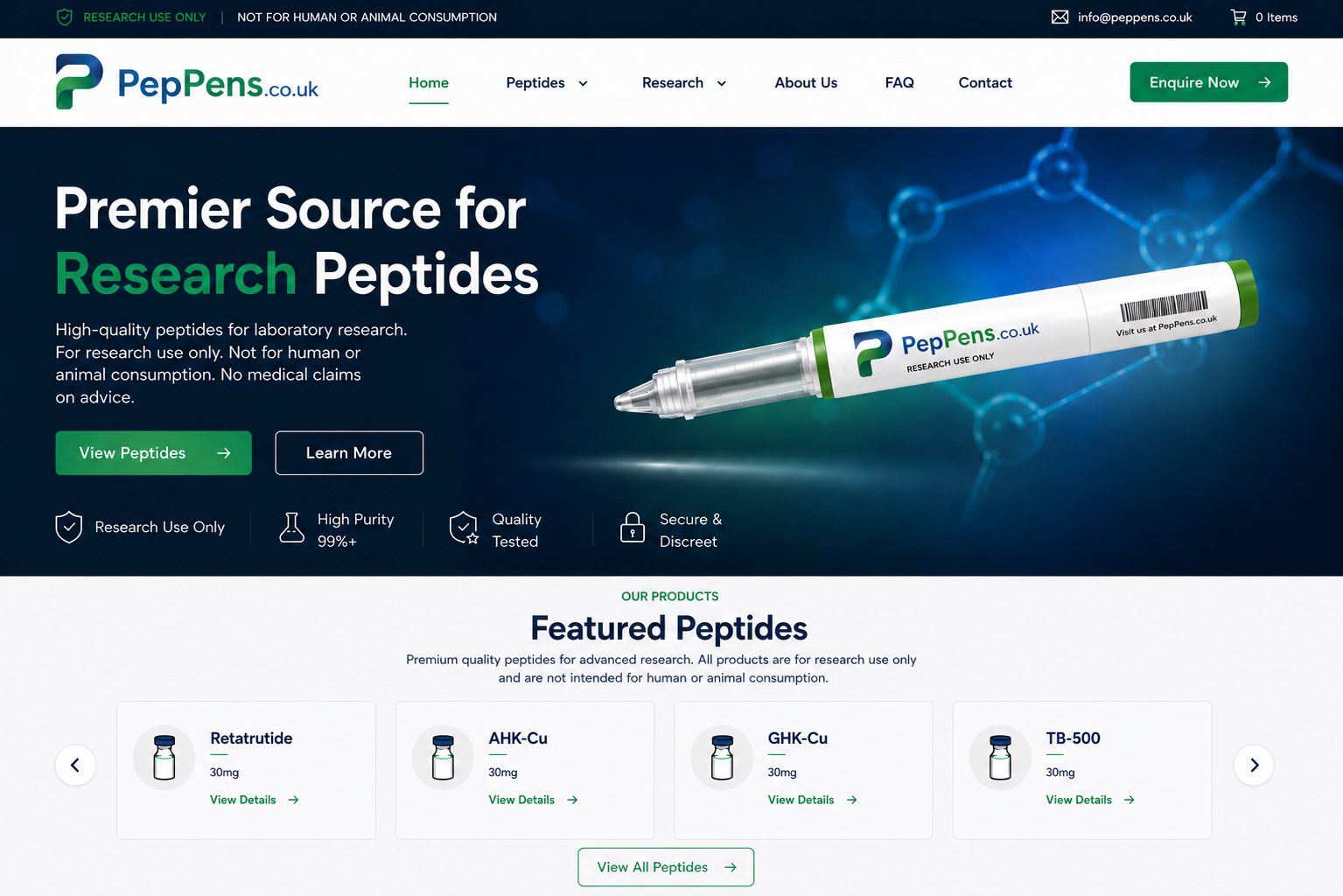 PepPens.co.uk research peptides homepage with branded peptide pen and featured peptide products